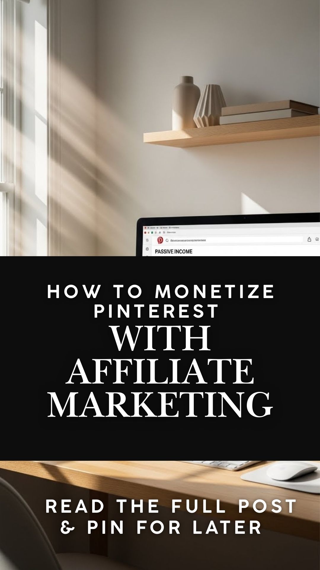 clean desk workspace with laptop near a window, bold text reading how to monetize pinterest with affiliate marketing
