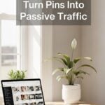 bright home office desk with laptop and plant, text reading turn pins into passive traffic