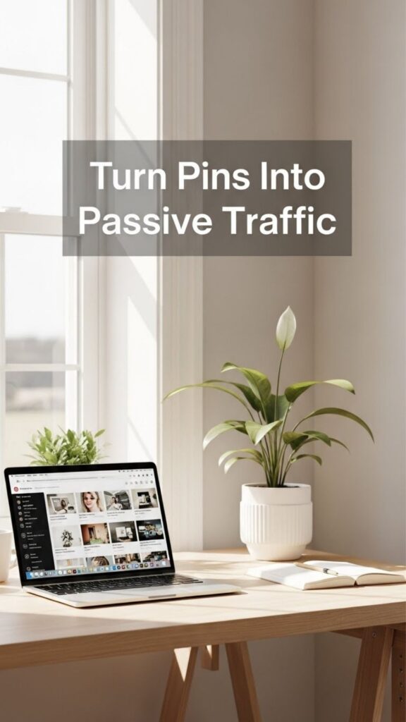 bright home office desk with laptop and plant, text reading turn pins into passive traffic