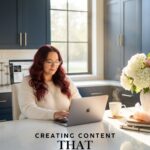 Creator working on a laptop in a modern kitchen with text overlay about creating content that compounds for passive income using Pinterest marketing strategies.