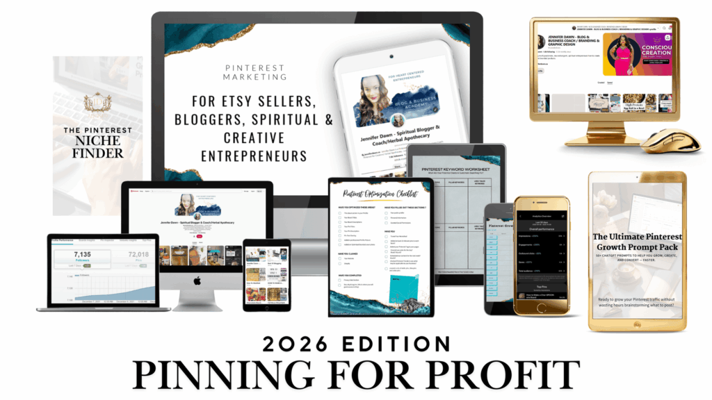 Pinning for Profit 2026 Pinterest marketing course shown across multiple devices, teaching bloggers and entrepreneurs how to drive traffic and sales with Pinterest