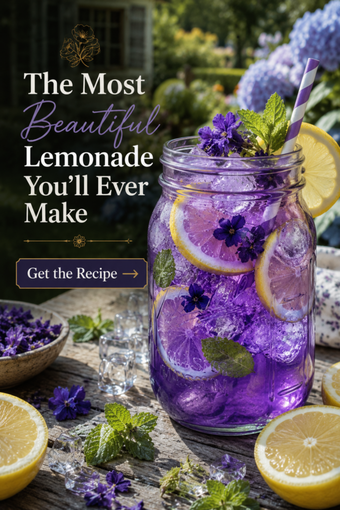 Refreshing butterfly pea flower lemonade served in a mason jar with lemon slices.