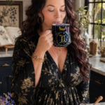 Woman enjoying a butterfly pea flower latte from a black iridescent Gemini mug in a warm luxury farmhouse kitchen with botanical styling.