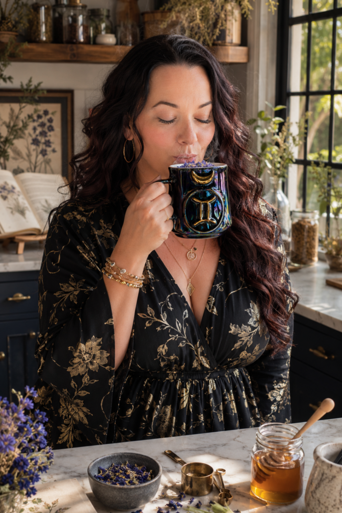 Woman enjoying a butterfly pea flower latte from a black iridescent Gemini mug in a warm luxury farmhouse kitchen with botanical styling.