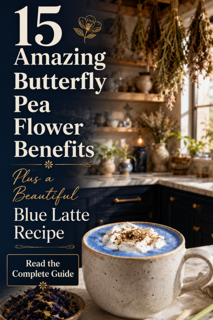 Butterfly pea flower tea with botanical books and dried flowers arranged for an educational infographic.