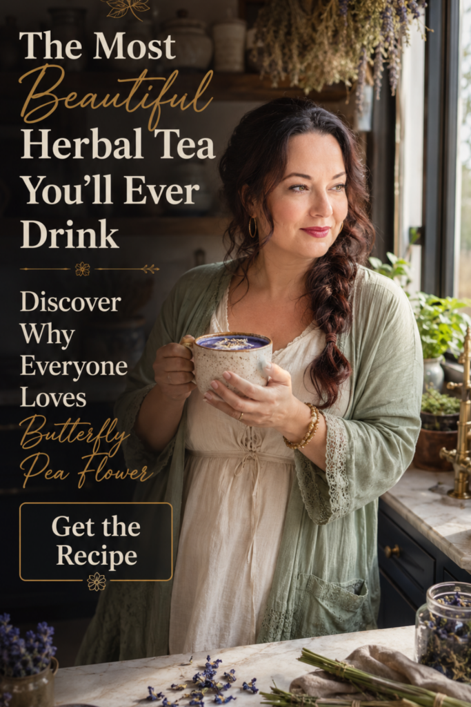 Woman holding a blue butterfly pea flower latte inside a modern farmhouse kitchen with botanical styling and warm natural light.