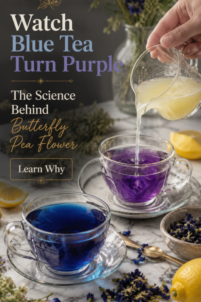 Two glass teacups of butterfly pea flower tea showing the dramatic color change from blue to purple as fresh lemon juice is poured into the tea.