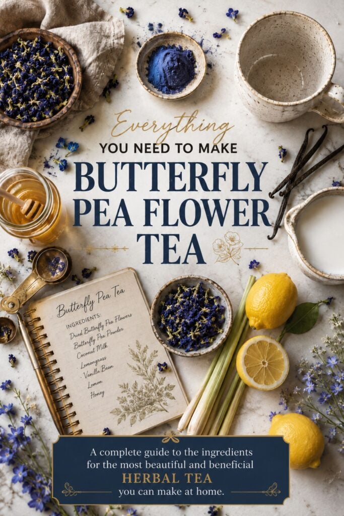 Flat lay of butterfly pea flower tea ingredients arranged on a white countertop.