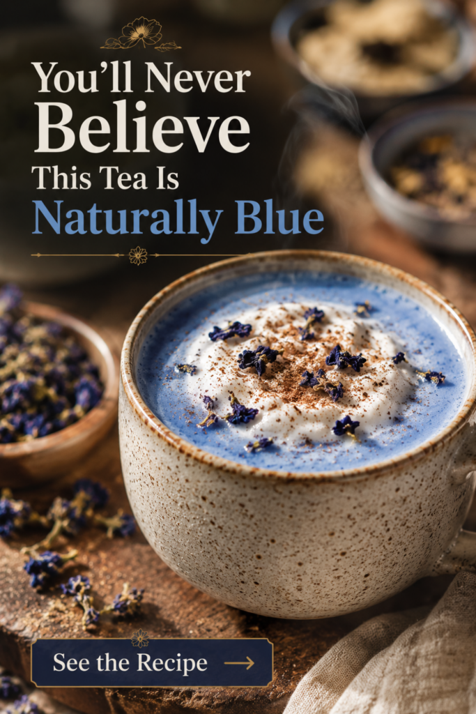 Close-up of creamy butterfly pea flower latte in a pottery mug.