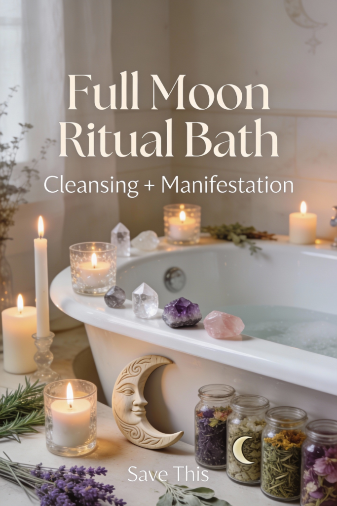 Spiritual cleansing bath ritual with white candles herbs and water for energy reset