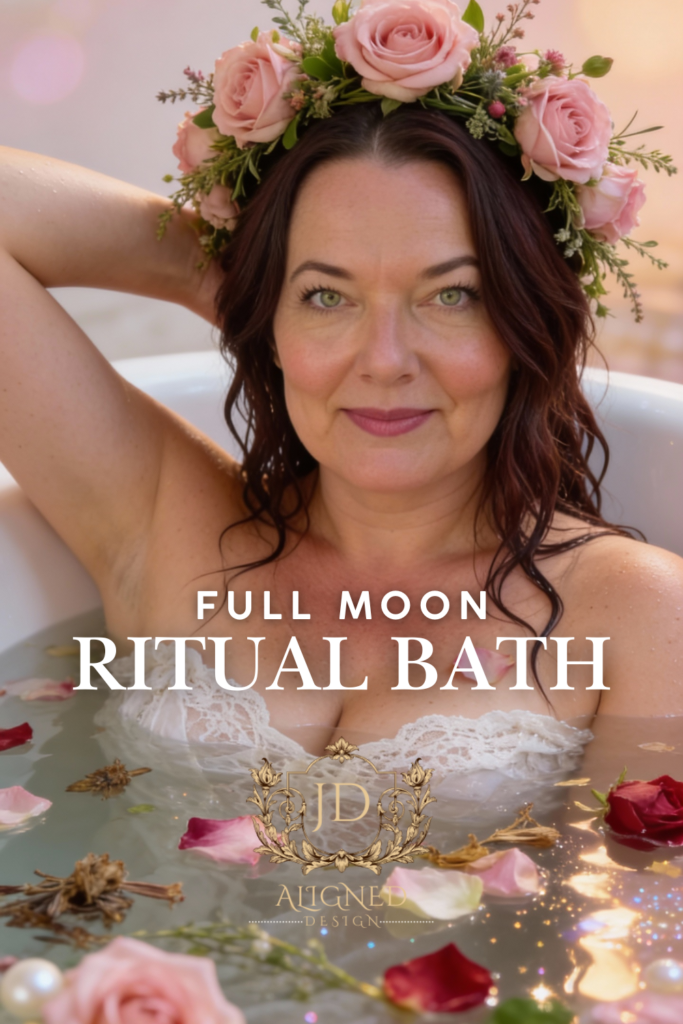 Woman immersed in a full moon ritual bath with flowers and herbs, representing a spiritual cleansing bath ritual and sacred moon bath practice