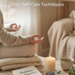 Meditation setup with a cushion, burning candle, notebook, and calming essentials on a surface, representing meditation tips for beginners and self-care techniques.
