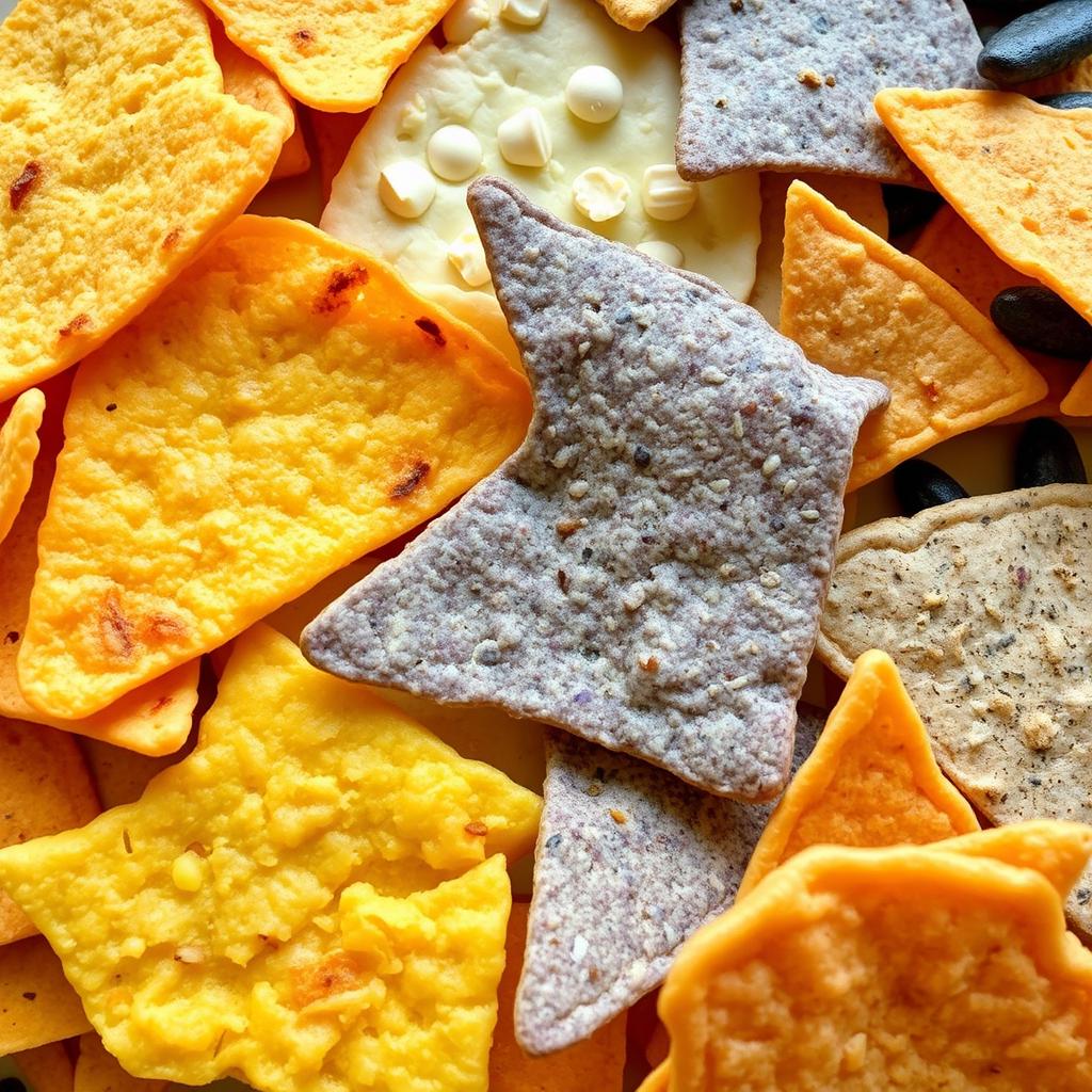 Assortment of different tortilla chips including fried yellow corn, baked, and blue corn varieties for a Mexican charcuterie board Assortment of different tortilla chips including fried yellow corn, baked, and blue corn varieties for a Mexican charcuterie board