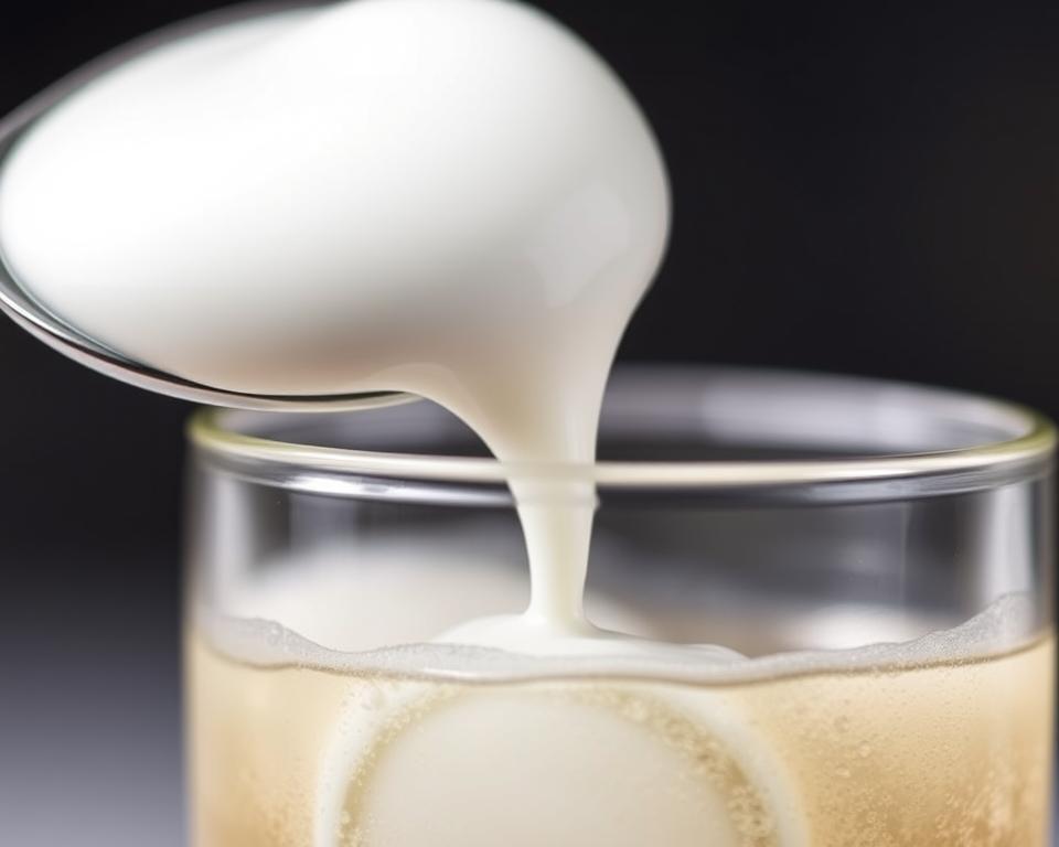 Close-up of cream being poured over a spoon to create layers in Italian cream soda Close-up of cream being poured over a spoon to create layers in Italian cream soda