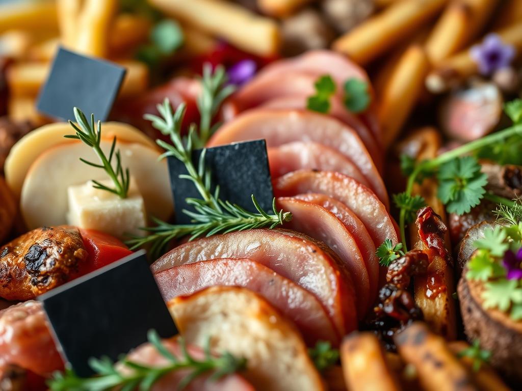 Close-up of garnishing techniques with fresh herbs and mini chalkboard labels on a burger board Close-up of garnishing techniques with fresh herbs and mini chalkboard labels on a burger board