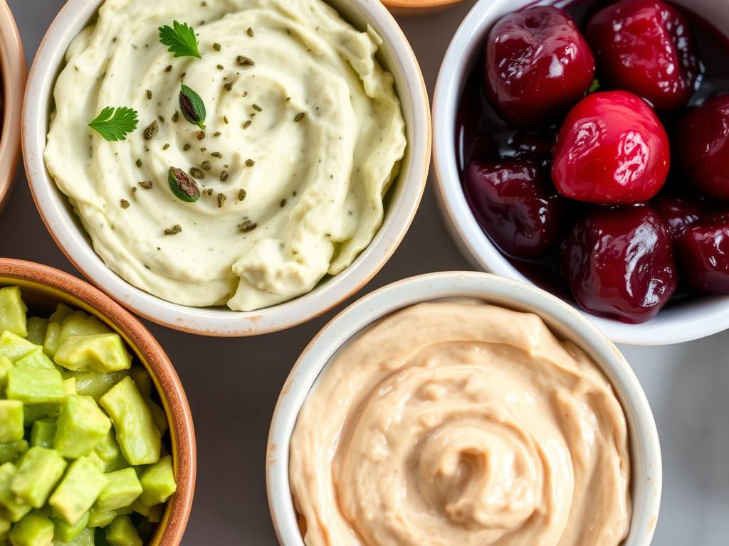 Close-up of keto-friendly dips and spreads for breakfast board Close-up of keto-friendly dips and spreads for breakfast board
