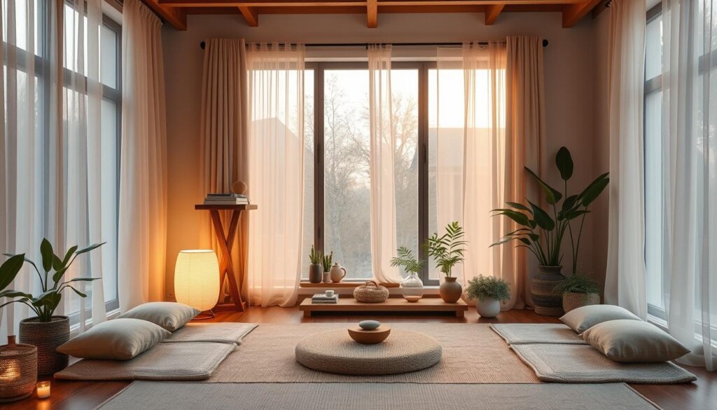 Complete aromatherapy room setup with diffuser, comfortable seating, and calming decor