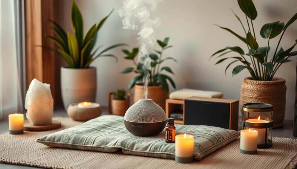 Complete home spa setup with diffuser, music, comfortable seating, and soft lighting