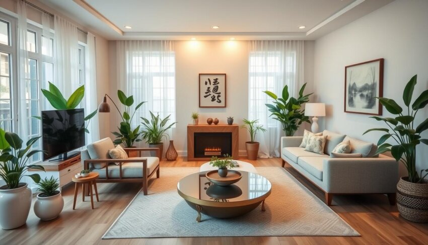 Living room with feng shui elements arranged for optimal energy flow