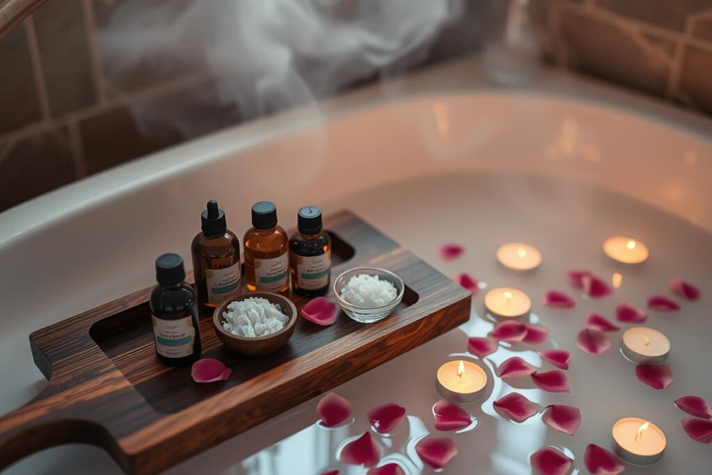 Luxurious bath setup with essential oils, bath salts, and flower petals