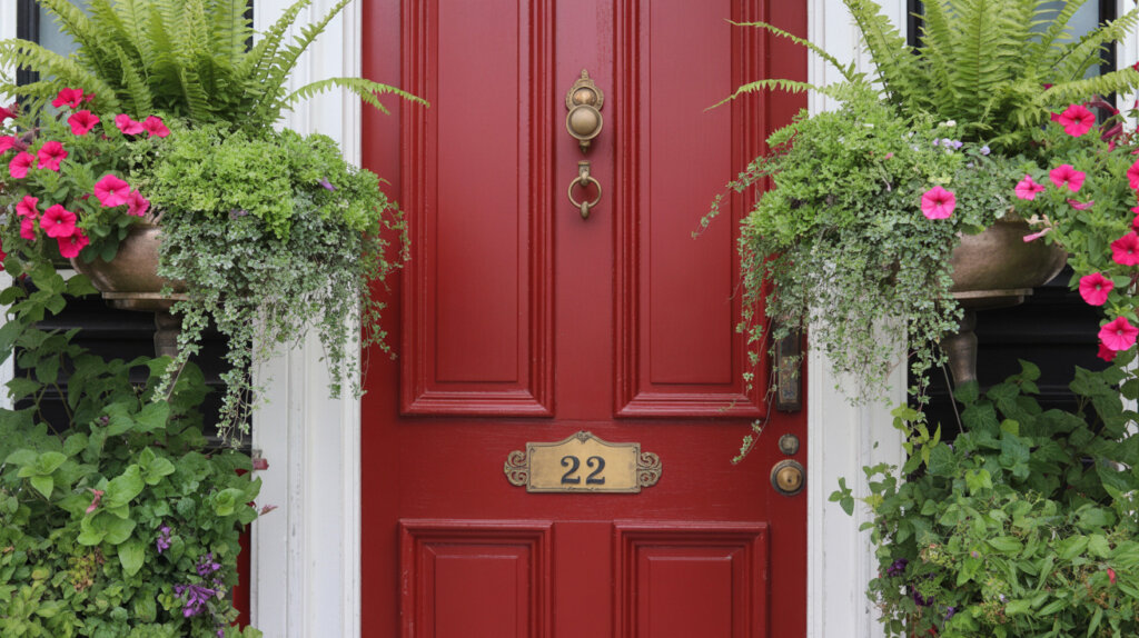 Red front door with prosperous feng shui elements