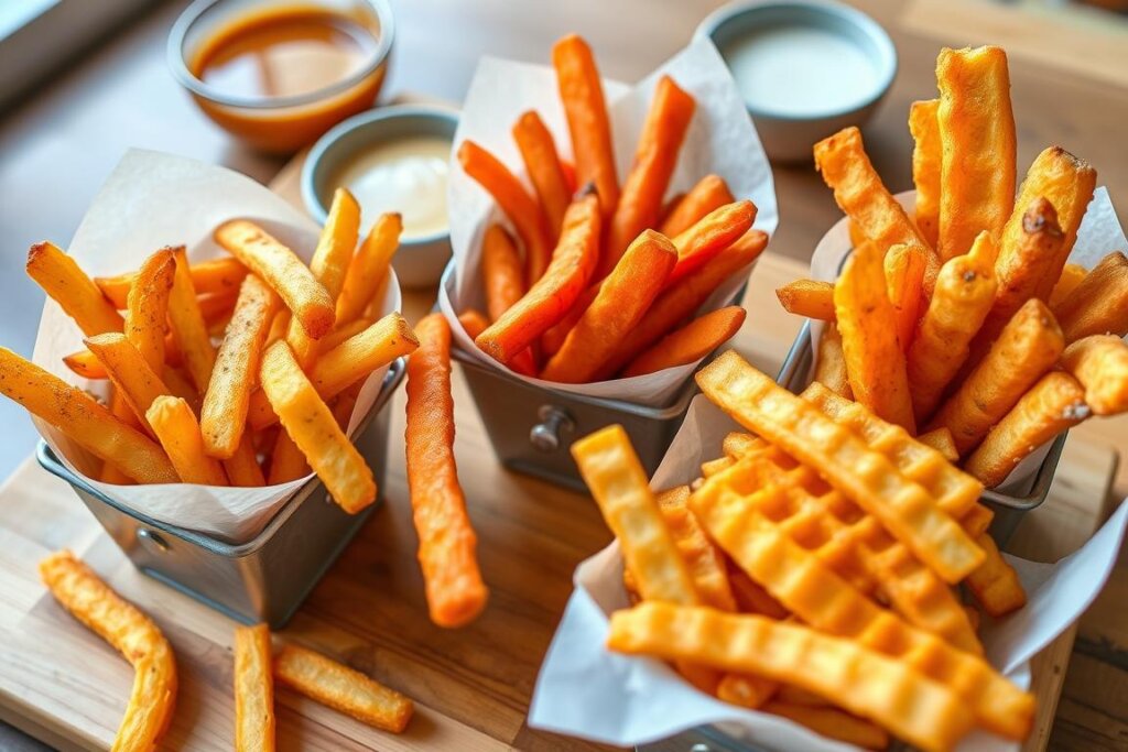 Three varieties of seasoned fries - classic, sweet potato, and waffle fries arranged in serving containers Three varieties of seasoned fries - classic, sweet potato, and waffle fries arranged in serving containers