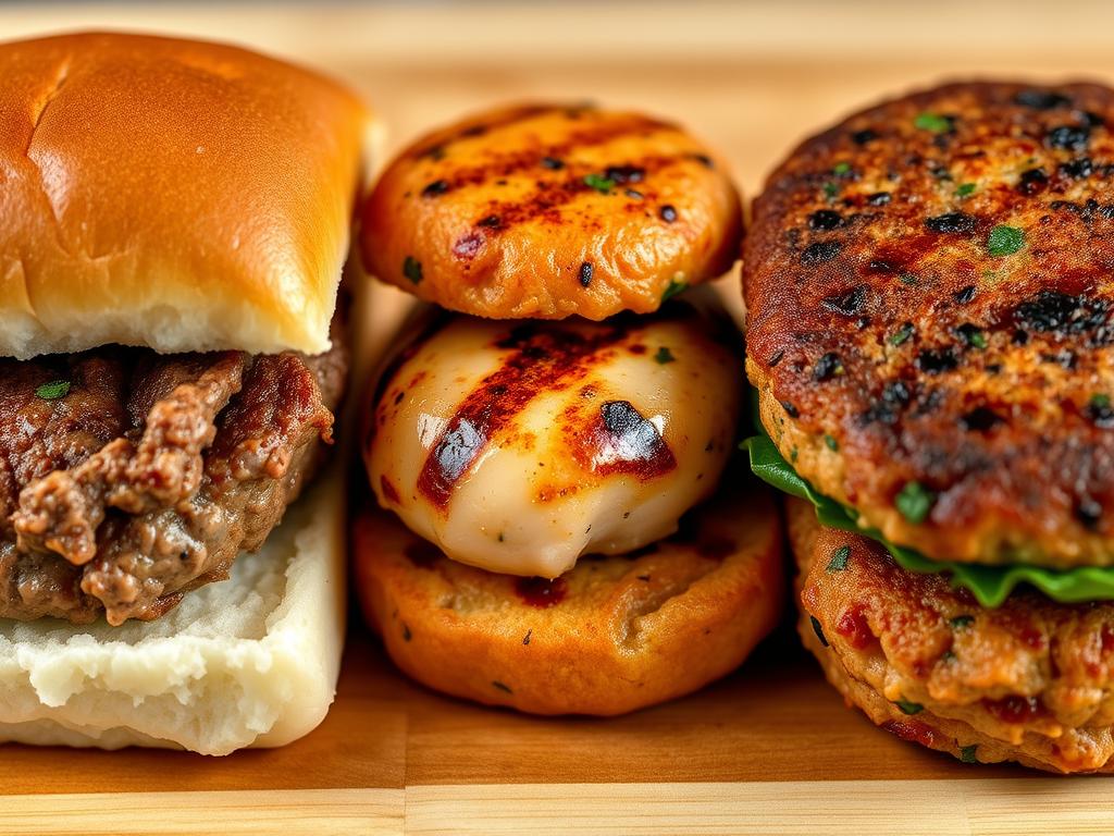 Various slider patty options including beef, chicken, and veggie patties ready for the burger charcuterie board Various slider patty options including beef, chicken, and veggie patties ready for the burger charcuterie board