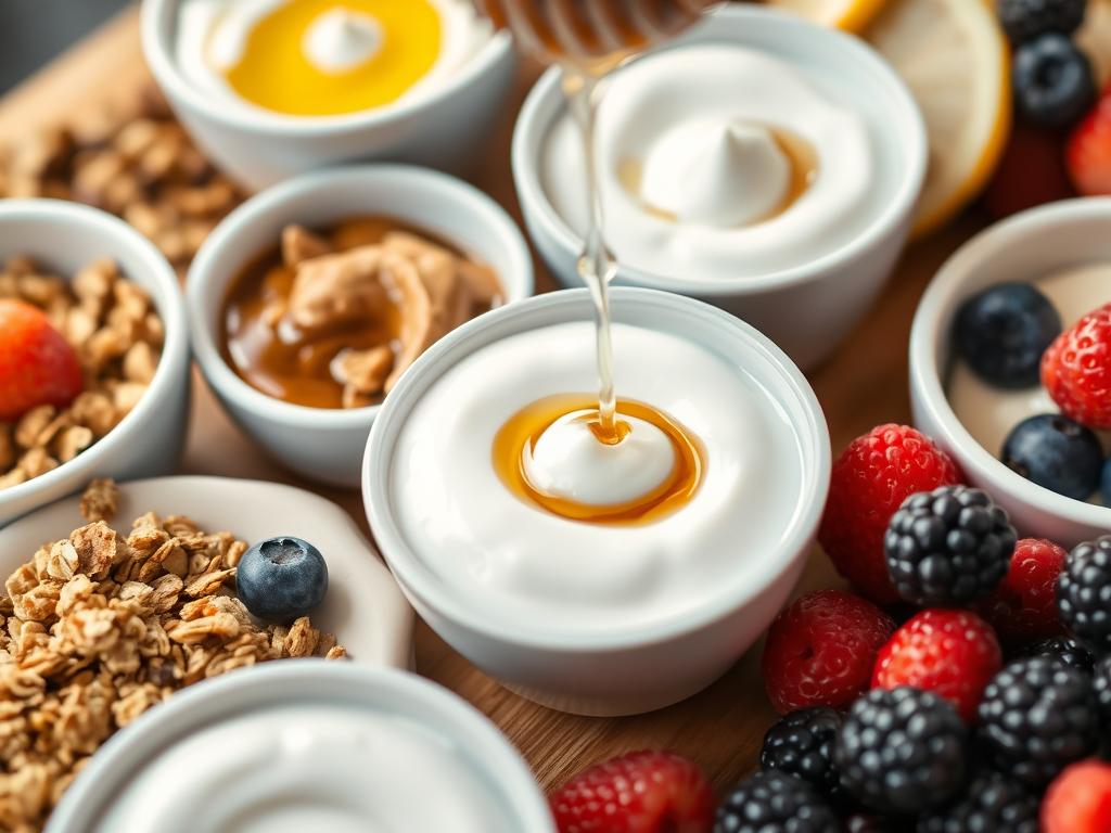 Yogurt station with various toppings on a breakfast board Yogurt station with various toppings on a breakfast board