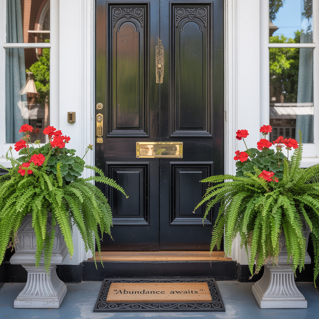 black font door with urns on either side with ferns and flowers