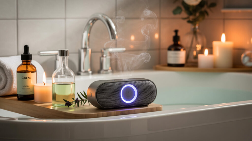 calming bathtub scene with a bluetooth speaker, essential oils and candles. calming bathtub scene with a bluetooth speaker, essential oils and candles.