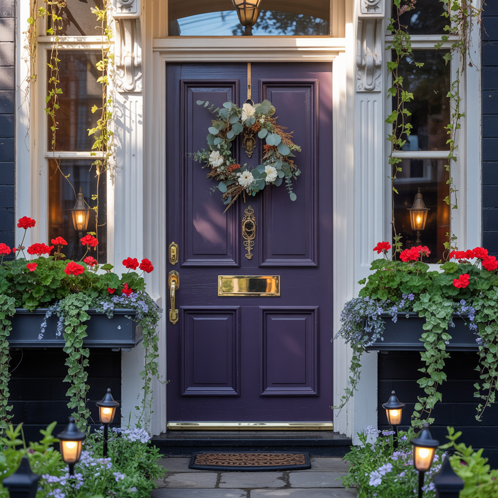 dark purple door for feng shui with plants on either side of the door and a wreath on the front of the door