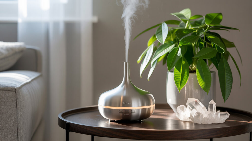 essential oil diffuser on wood table with quartz crystal and a money plant essential oil diffuser on wood table with quartz crystal and a money plant