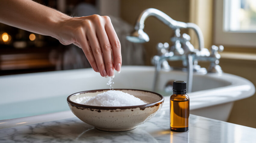 highly detailed  image of a womans hand with a french manicure adding essential oils to a bowl of epsom salt beside an elegant luxury tub