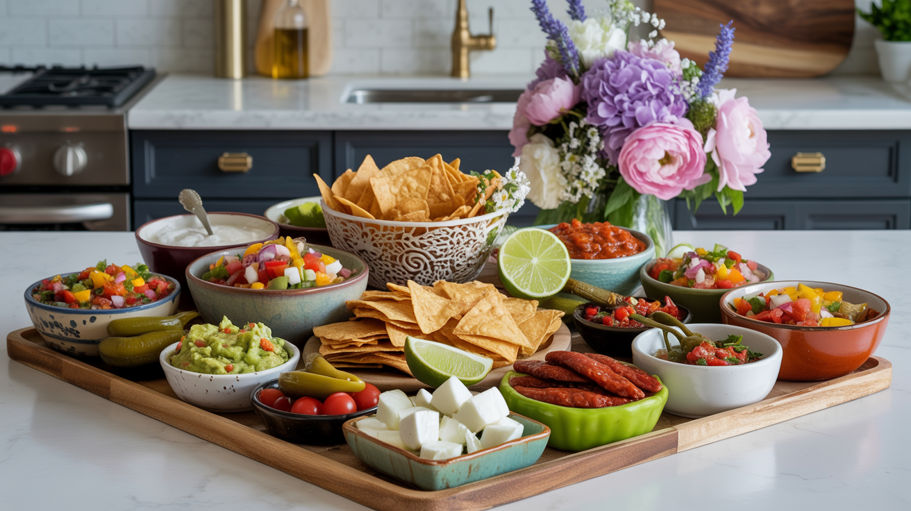 Mexican charcuterie board showing color contrast and garnishing techniques with cilantro and radishes