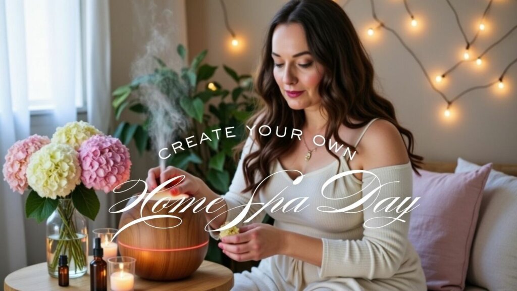 woman adding essential oils to a diffuser. ambient light in background, vase of hydrangeas sits on table with amber glass essential oil bottles and lit candles woman adding essential oils to a diffuser. ambient light in background, vase of hydrangeas sits on table with amber glass essential oil bottles and lit candles