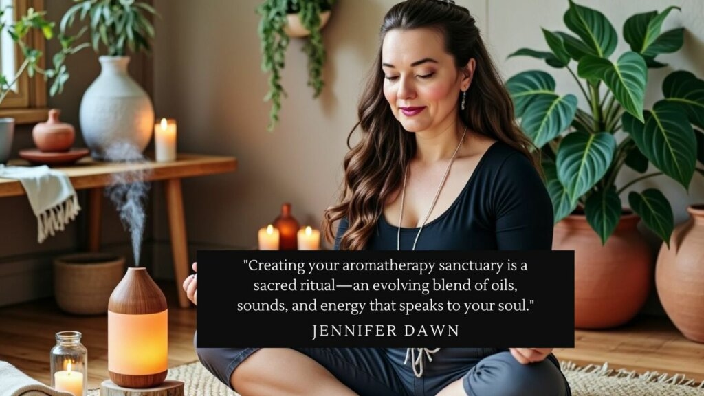 woman sitting in meditation position in a room filled with plants, crystals and an essential oil diffuser. woman sitting in meditation position in a room filled with plants, crystals and an essential oil diffuser.