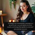 woman sitting in meditation position in a room filled with plants, crystals and an essential oil diffuser.