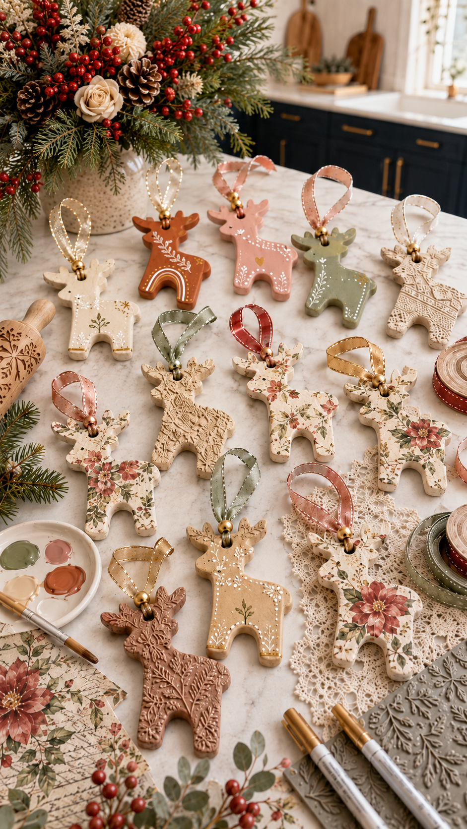 A styled holiday craft photo of handmade clay reindeer ornaments on a white quartz countertop in a modern farmhouse kitchen with dark blue cabinets and gold hardware. The ornaments include boho painted designs, floral decoupage designs, and textured clay versions with ribbon loops, gold beads, paint supplies, lace, greenery, and craft materials arranged around them.