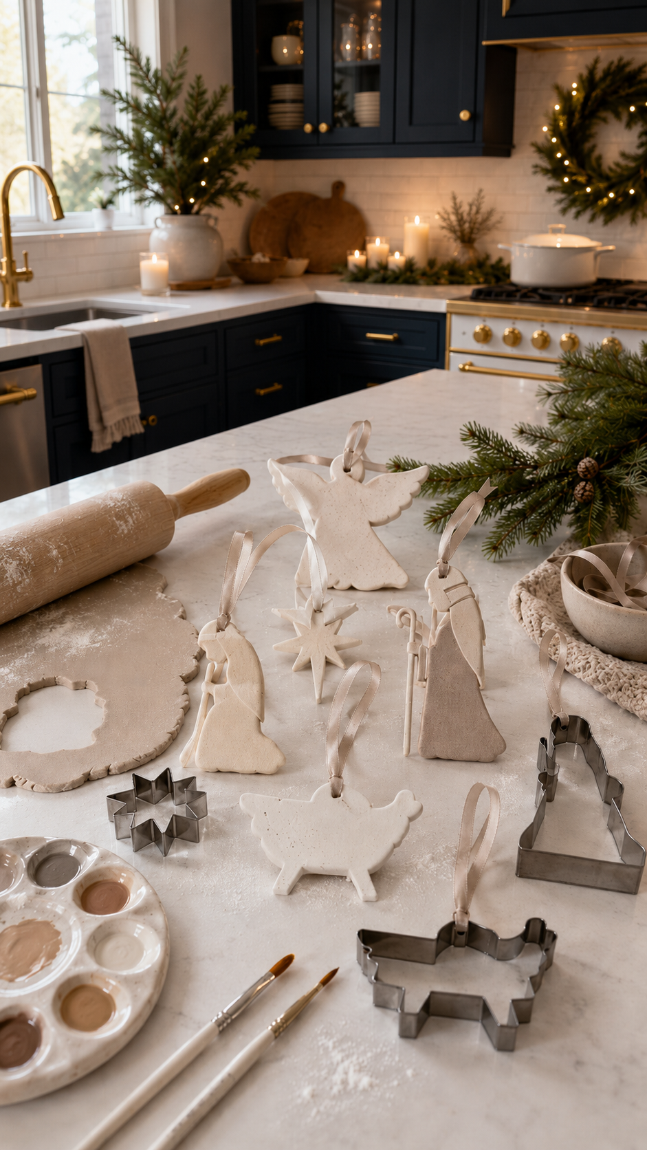 Handmade air dry clay nativity silhouette ornaments shaped with cookie cutters on a white quartz kitchen counter, styled with satin ribbon, evergreen branches, neutral paints, and a cozy modern farmhouse Christmas kitchen in the background.