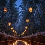 Arashiyama Hanatouro lantern path in Kyoto with bamboo forest and warm lights