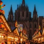 Fira de Santa Llúcia Christmas Market in Barcelona with glowing stalls and Gothic Cathedral.