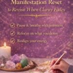 Manifestation reset graphic with checklist steps including pause and breathe, refocus desires, and realign energy displayed on a calm purple background with crystals and journaling elements.