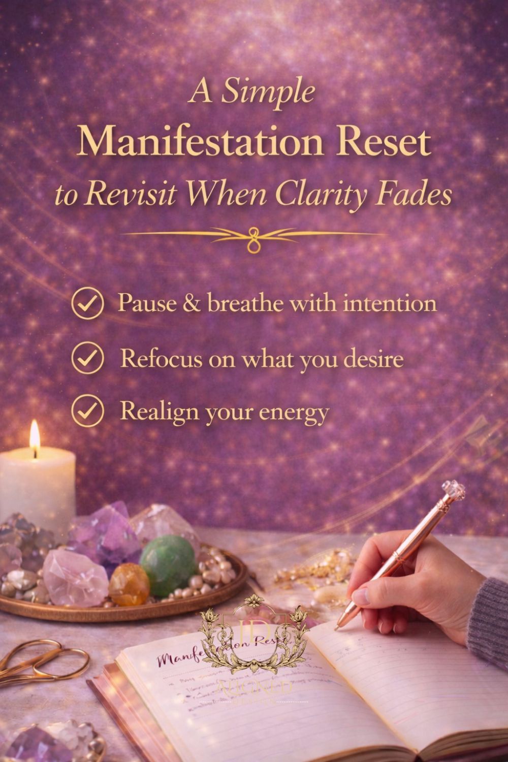 Manifestation reset graphic with checklist steps including pause and breathe, refocus desires, and realign energy displayed on a calm purple background with crystals and journaling elements.
