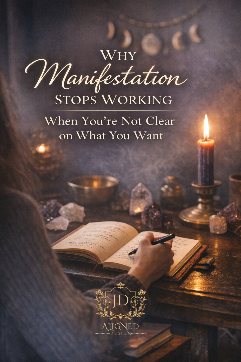 Manifestation altar with candles and journal illustrating why manifestation stops working when you are not clear on your desires.