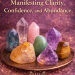 Crystals for manifesting clarity, confidence, and abundance arranged on a gold tray with amethyst, citrine, rose quartz, and green aventurine
