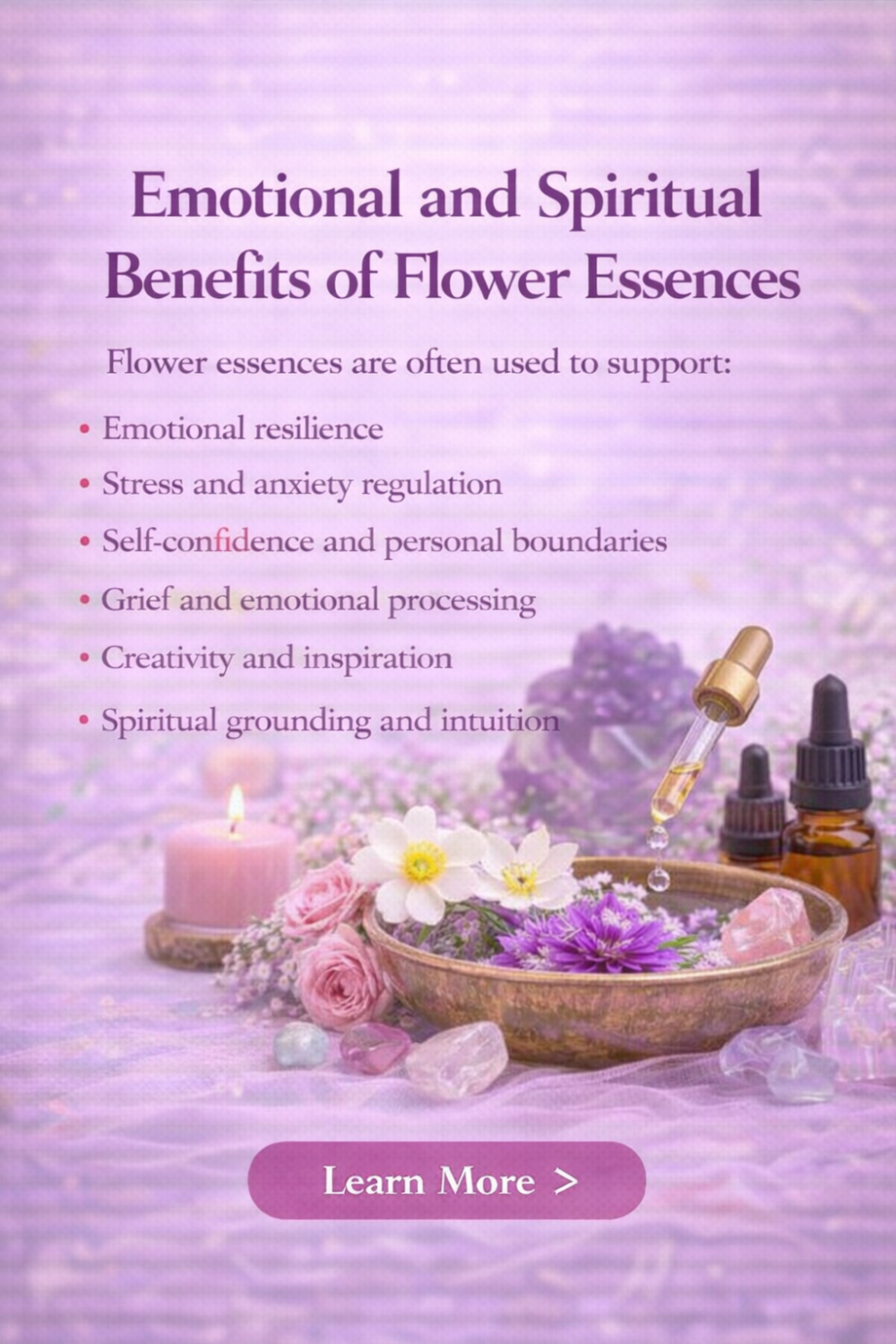 Soft pastel background with flower essence bottles and text describing emotional and spiritual uses.
