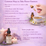 Flower essence dropper bottle beside tea and flowers demonstrating gentle usage methods.