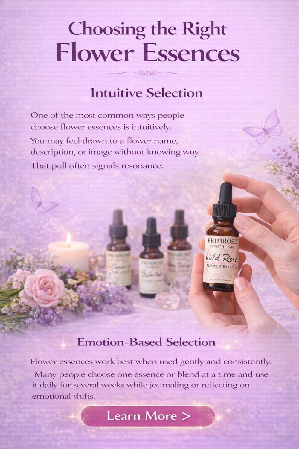 Hand holding a flower essence bottle with soft florals representing intuitive selection.