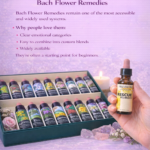 Box set of Bach Flower Remedies bottles arranged neatly with floral accents.