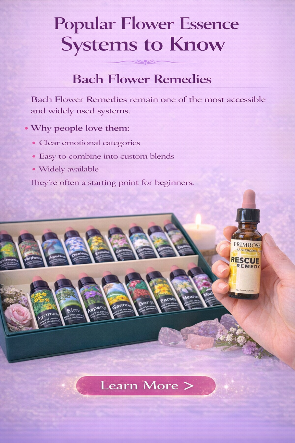 Box set of Bach Flower Remedies bottles arranged neatly with floral accents.